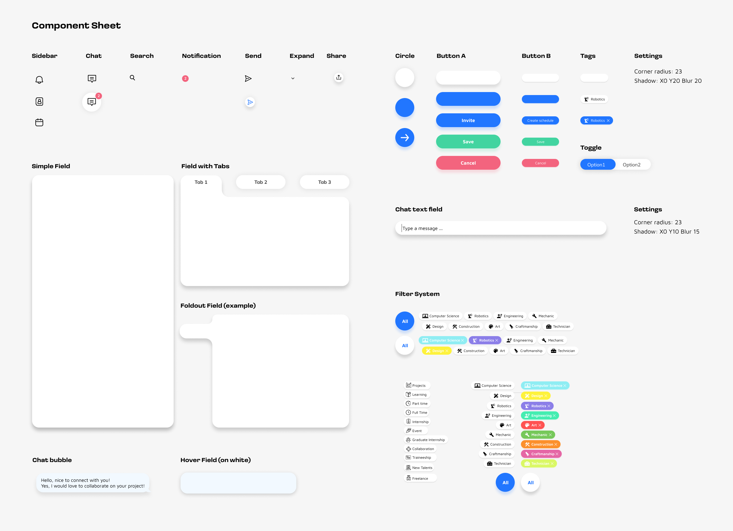 Master component sheet covering icons, buttons, tags, toggles, chat fields, and the filter system